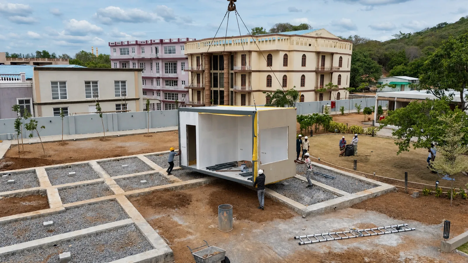 A Moduli module being installed by crane on site